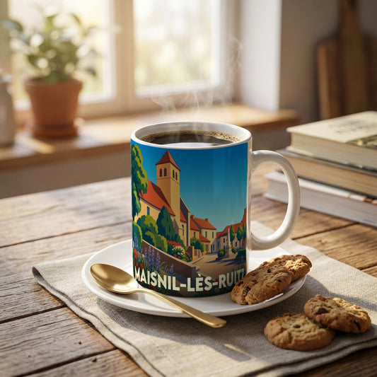 Mug souvenir de la ville de Maisnil-lès-Ruitz orné d'une illustration stylisée de son église et de ses maisons.