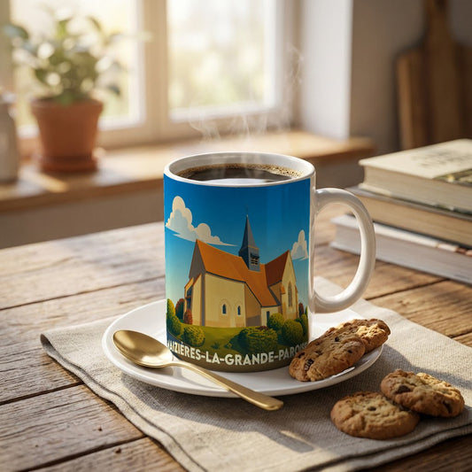 Mug souvenir de la ville de Maizières-la-Grande-Paroisse avec une illustration stylisée de son église.