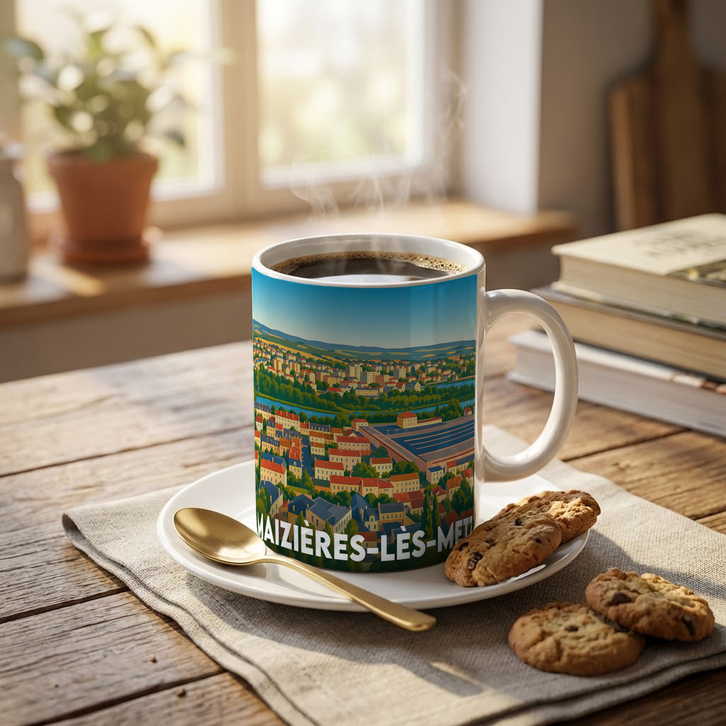 Mug souvenir de Maizières-lès-Metz avec une illustration stylisée de la ville.