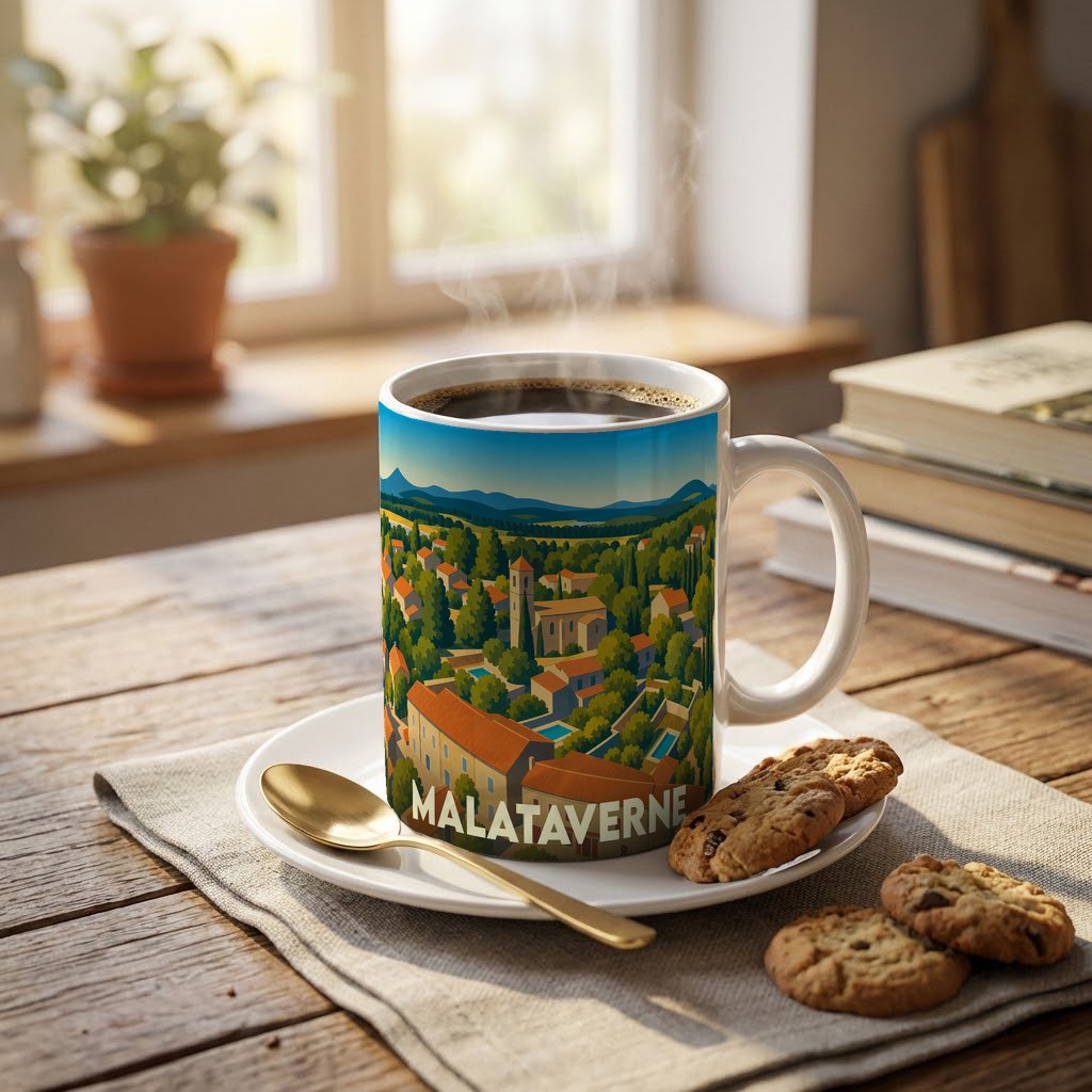 Mug souvenir de la ville de Malataverne avec une illustration stylisée de son paysage urbain.