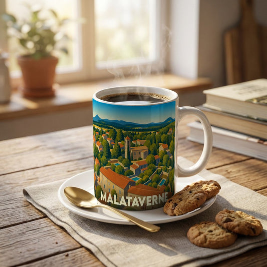 Mug souvenir de la ville de Malataverne avec une illustration stylisée de son paysage urbain.