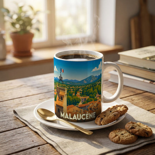Mug souvenir de la ville de Malaucène arborant une illustration stylisée d'un paysage provençal.
