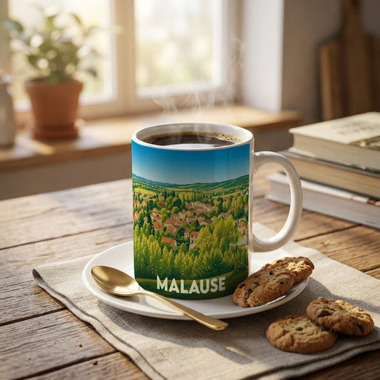 Mug souvenir de la ville de Malause orné d'une illustration paysagère stylisée.