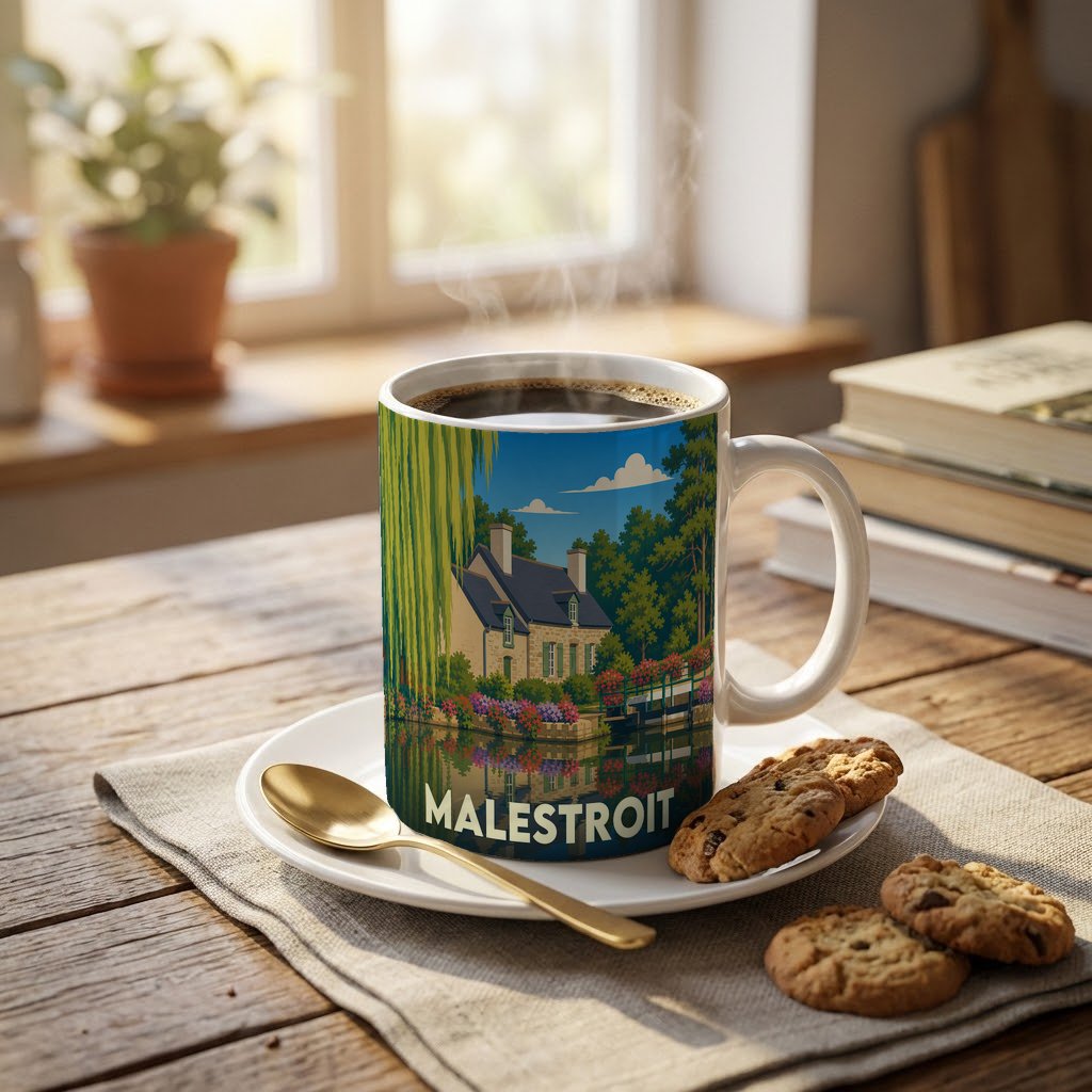 Mug souvenir de la ville de Malestroit avec une illustration stylisée d'une maison au bord de l'eau.