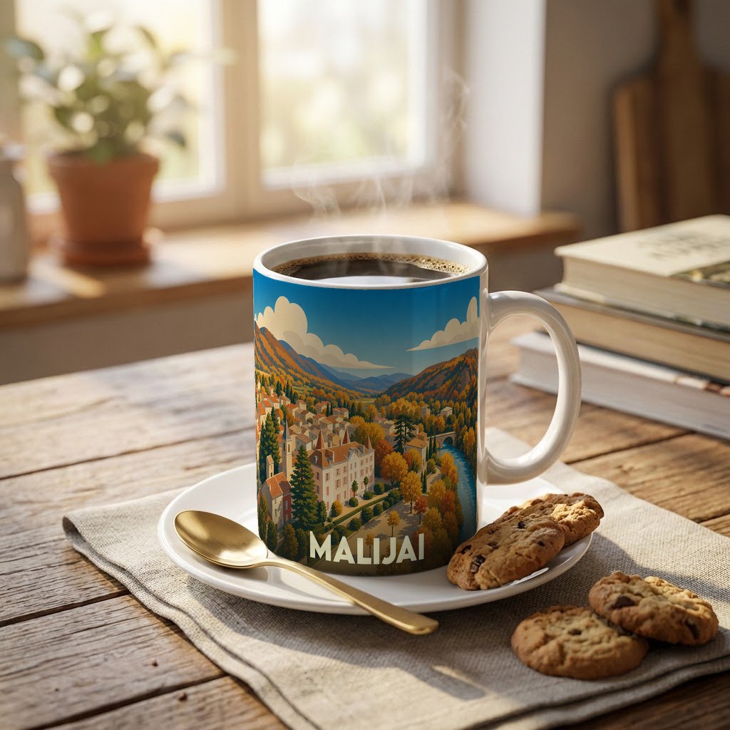 Mug souvenir de la ville de Malijai orné d'une illustration stylisée de ses paysages et de son château.