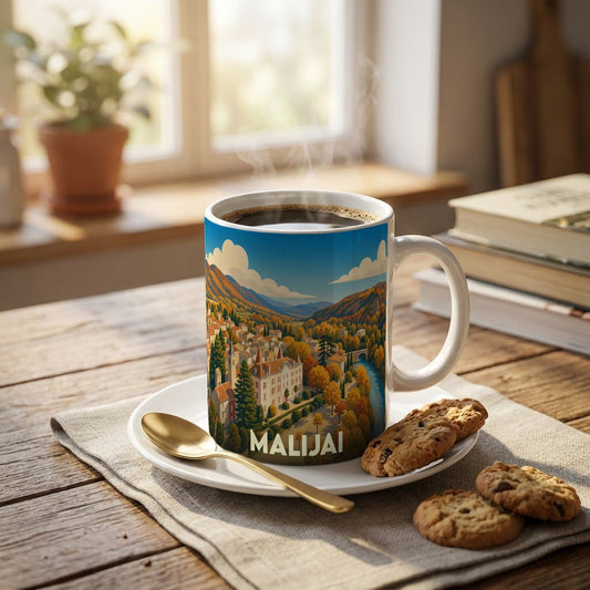 Mug souvenir de la ville de Malijai orné d'une illustration stylisée de ses paysages et de son château.