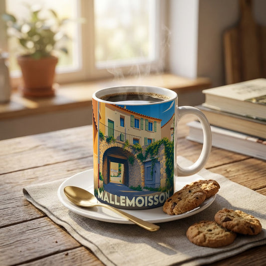Mug souvenir de la ville de Mallemoisson orné d'une illustration stylisée d'une arche fleurie.