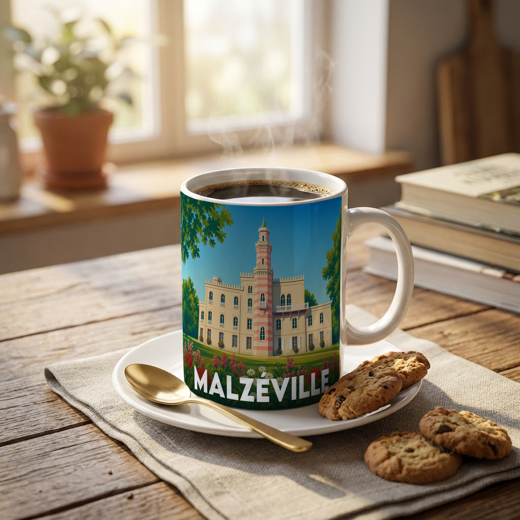 Mug souvenir de la ville de Malzéville avec une illustration stylisée d'un château.