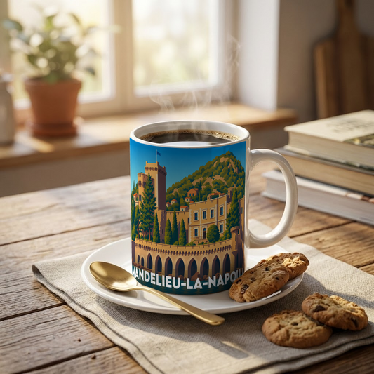 Mug souvenir de la ville de Mandelieu-la-Napoule avec une illustration stylisée.