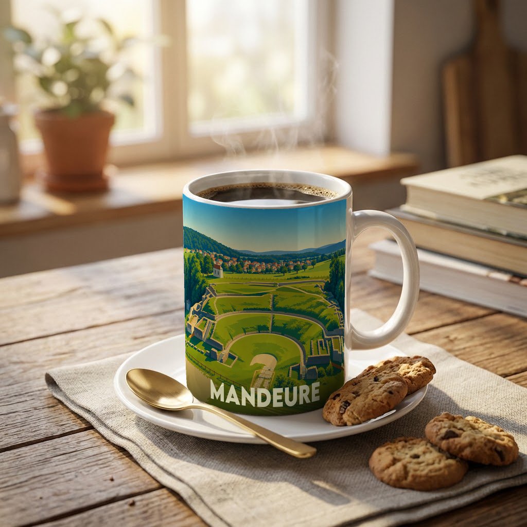 Mug souvenir de la ville de Mandeure avec une illustration stylisée de son théâtre antique.