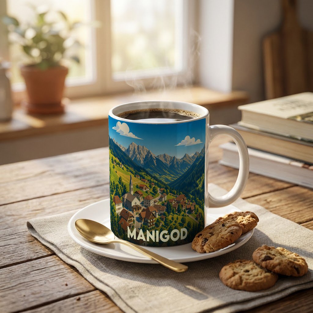 Mug souvenir de la ville de Manigod avec une illustration stylisée d'un village de montagne.