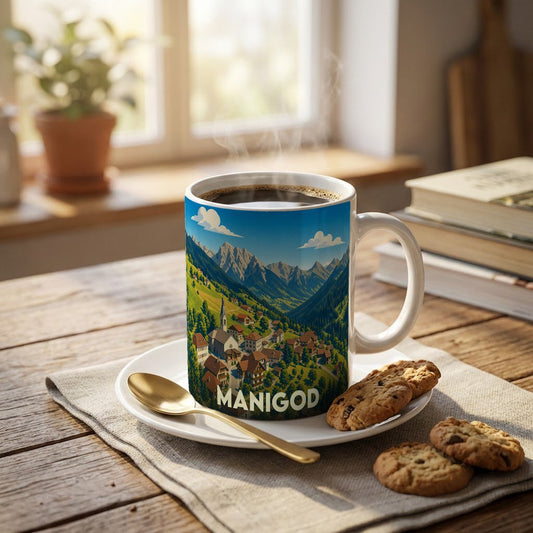 Mug souvenir de la ville de Manigod avec une illustration stylisée d'un village de montagne.