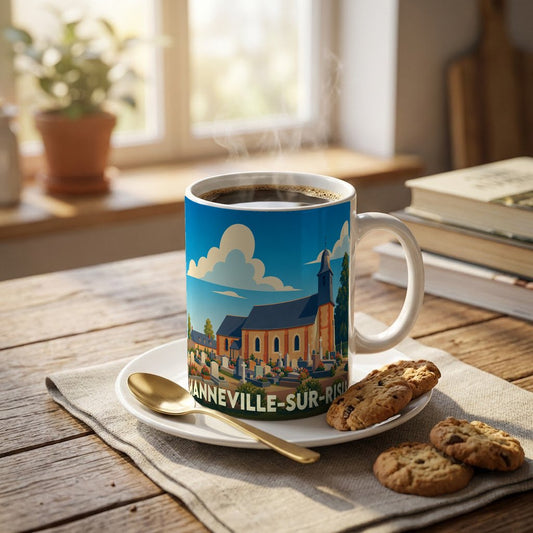 Mug souvenir de la ville de Manneville-sur-Risle avec une illustration stylisée d'une église et de son cimetière.
