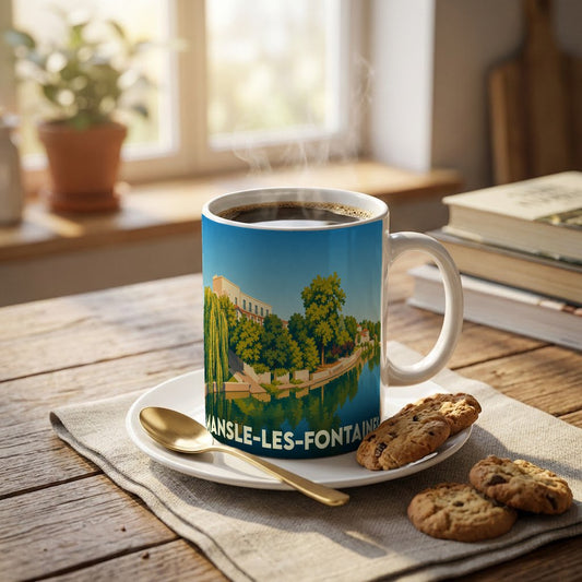 Mug souvenir de la ville de Mansle-les-Fontaines orné d'une illustration stylisée de ses bords de rivière.
