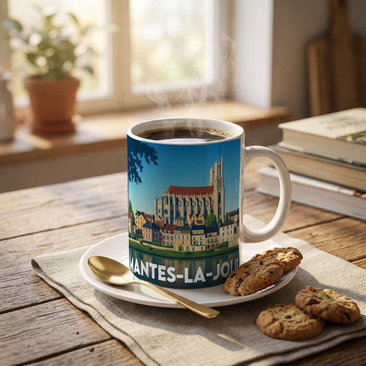 Mug souvenir de la ville de Mantes-la-Jolie avec une illustration stylisée de son paysage urbain.