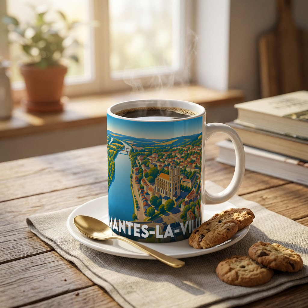 Mug souvenir de la ville de Mantes-la-Ville avec une illustration stylisée.