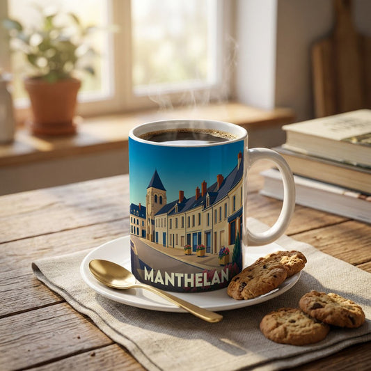 Mug souvenir de la ville de Manthelan orné d'une illustration stylisée de ses rues et de son église.