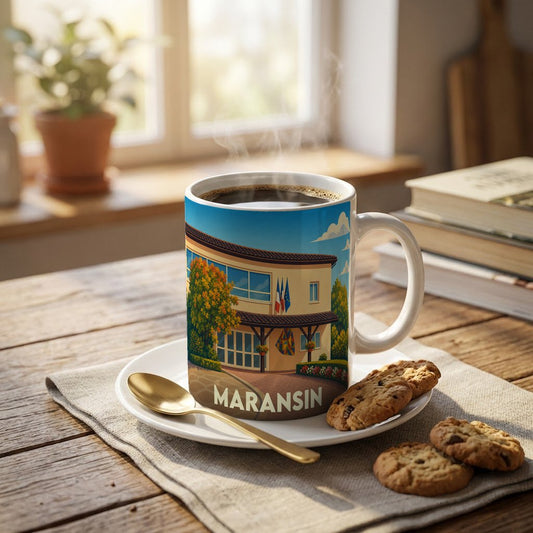 Mug souvenir de la ville de Maransin orné d'une illustration stylisée de sa mairie.