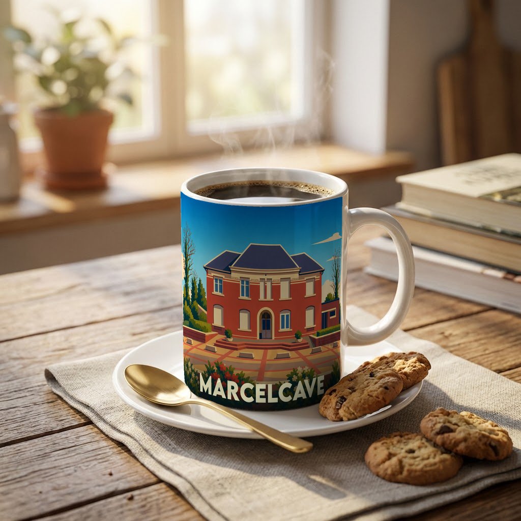 Mug souvenir de la ville de Marcelcave avec une illustration stylisée d'un bâtiment en briques rouges.