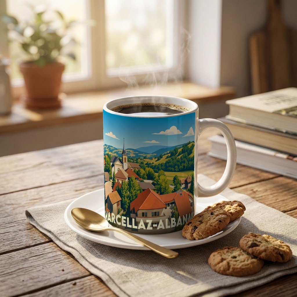 Mug souvenir de la ville de Marcellaz-Albanais orné d'une illustration paysagère stylisée.