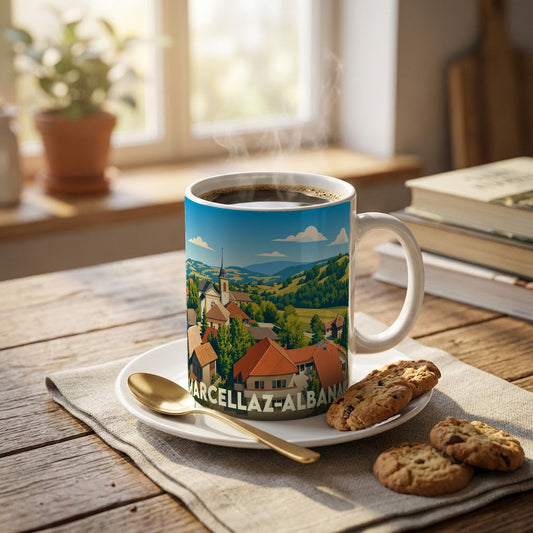 Mug souvenir de la ville de Marcellaz-Albanais orné d'une illustration paysagère stylisée.