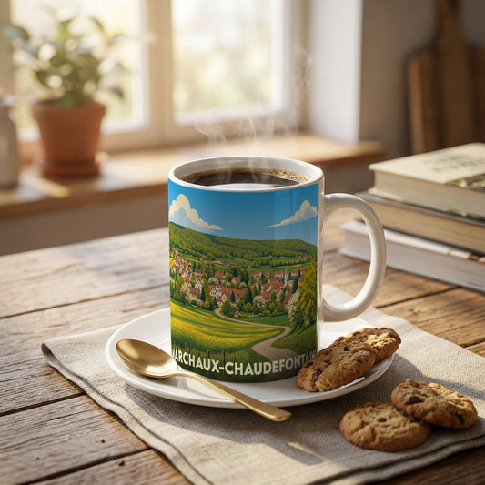 Mug souvenir de la ville de Marchaux-Chaudefontaine orné d'une illustration paysagère stylisée.