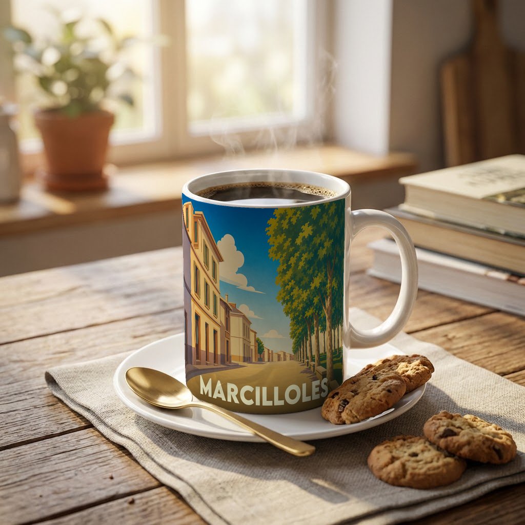 Mug souvenir de la ville de Marcilloles orné d'une illustration stylisée d'une rue ensoleillée.