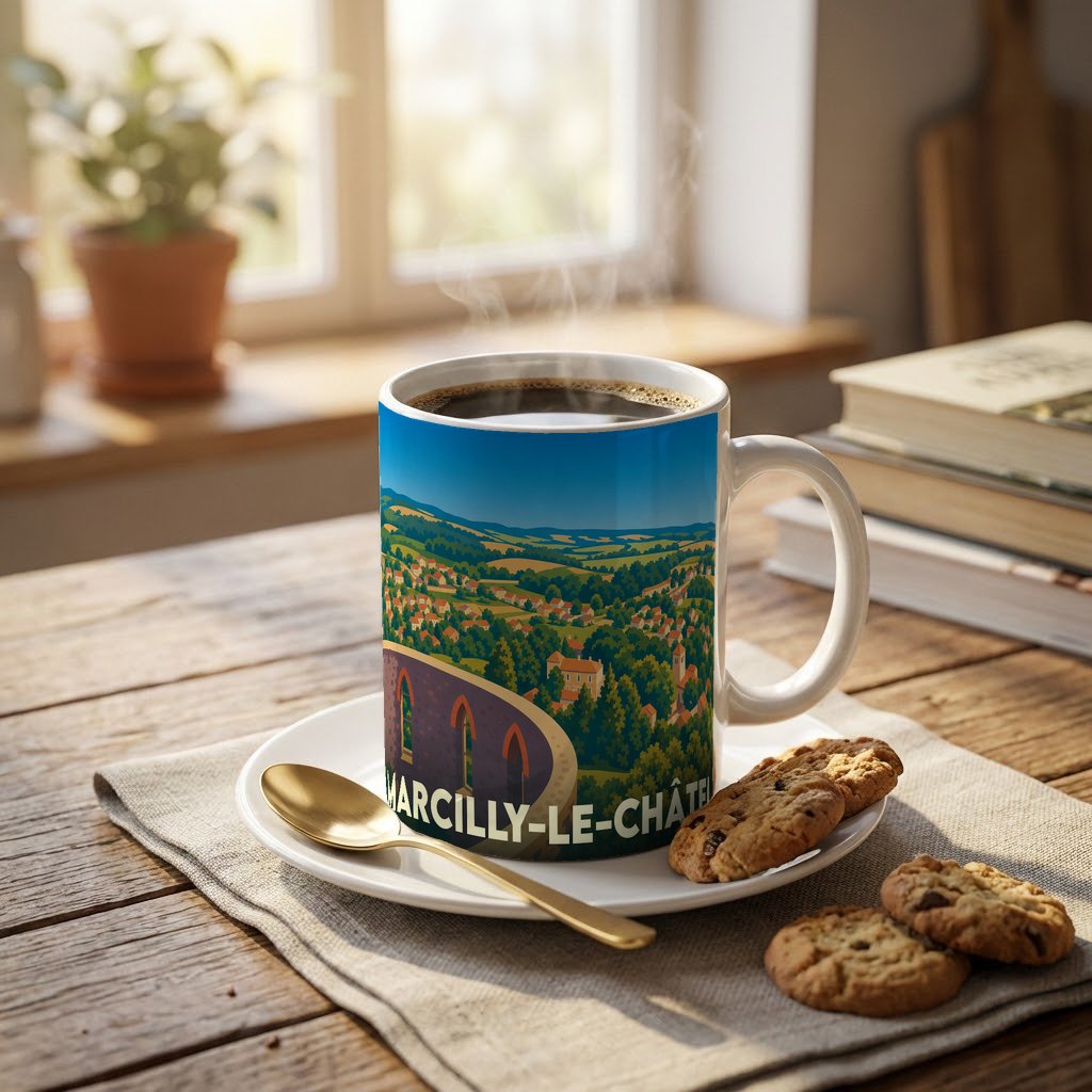 Mug souvenir de Marcilly-le-Châtel avec une illustration panoramique stylisée de la ville.