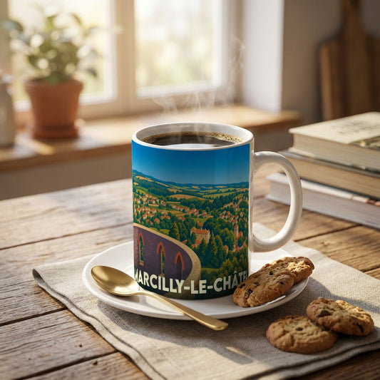 Mug souvenir de Marcilly-le-Châtel avec une illustration panoramique stylisée de la ville.