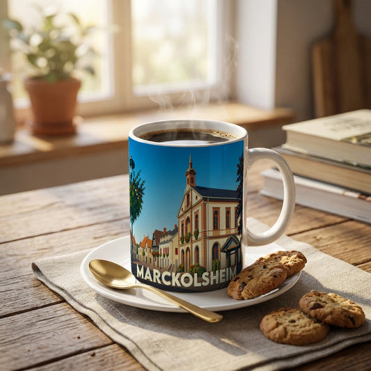 Mug souvenir de la ville de Marckolsheim avec une illustration stylisée de son architecture.