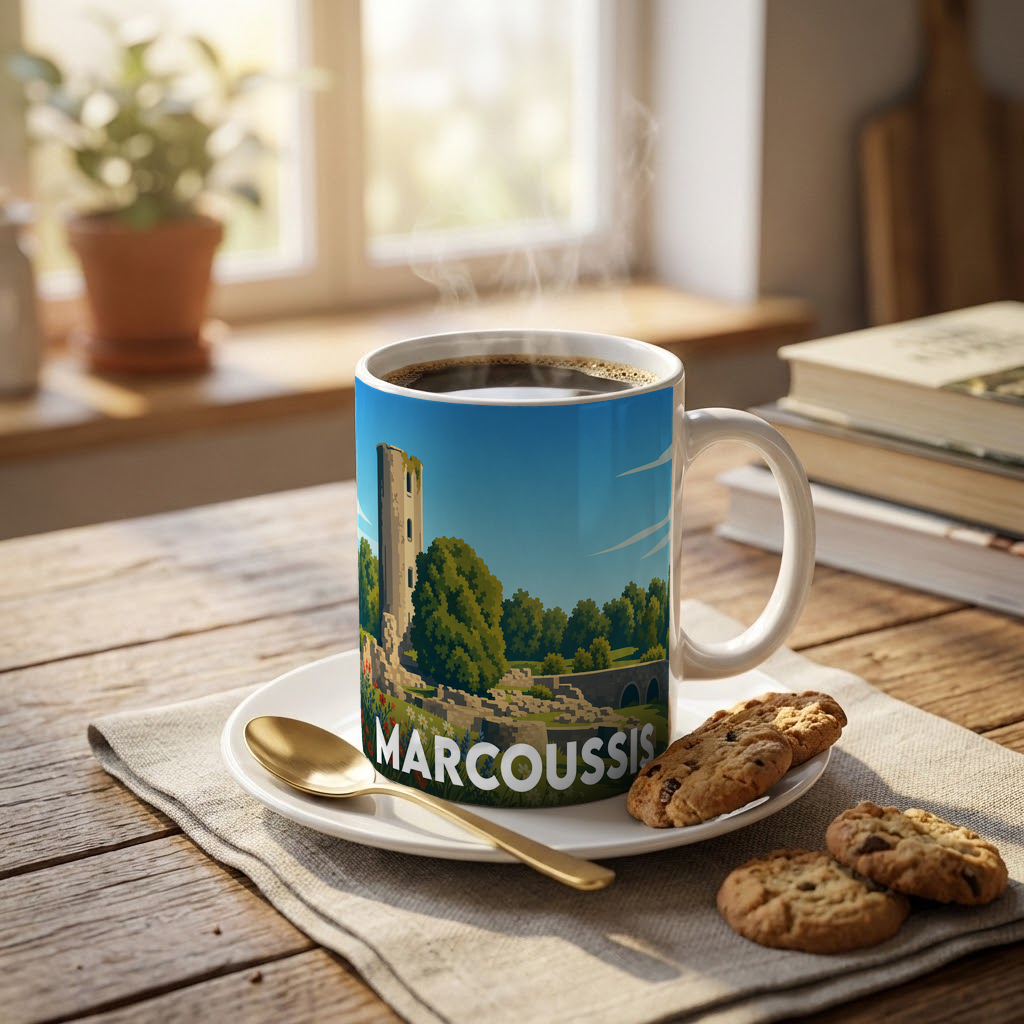Mug souvenir de la ville de Marcoussis avec une illustration stylisée de son château médiéval.