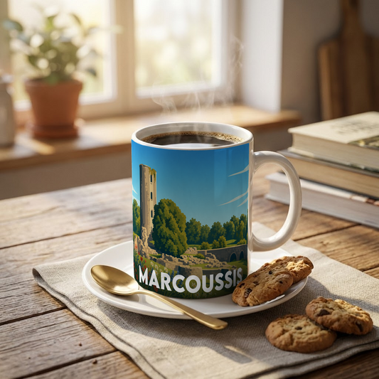 Mug souvenir de la ville de Marcoussis avec une illustration stylisée de son château médiéval.