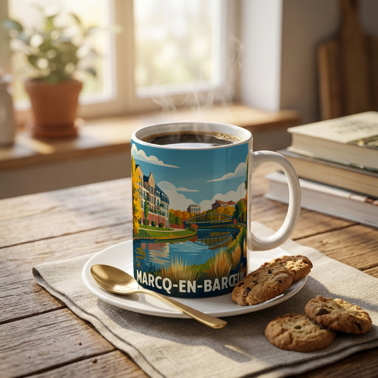 Mug souvenir de la ville de Marcq-en-Barœul avec une illustration stylisée.