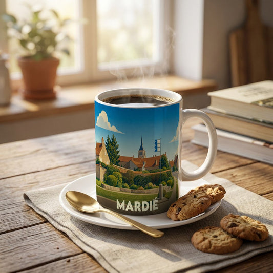 Mug souvenir de la ville de Mardié avec une illustration stylisée d'un paysage urbain.