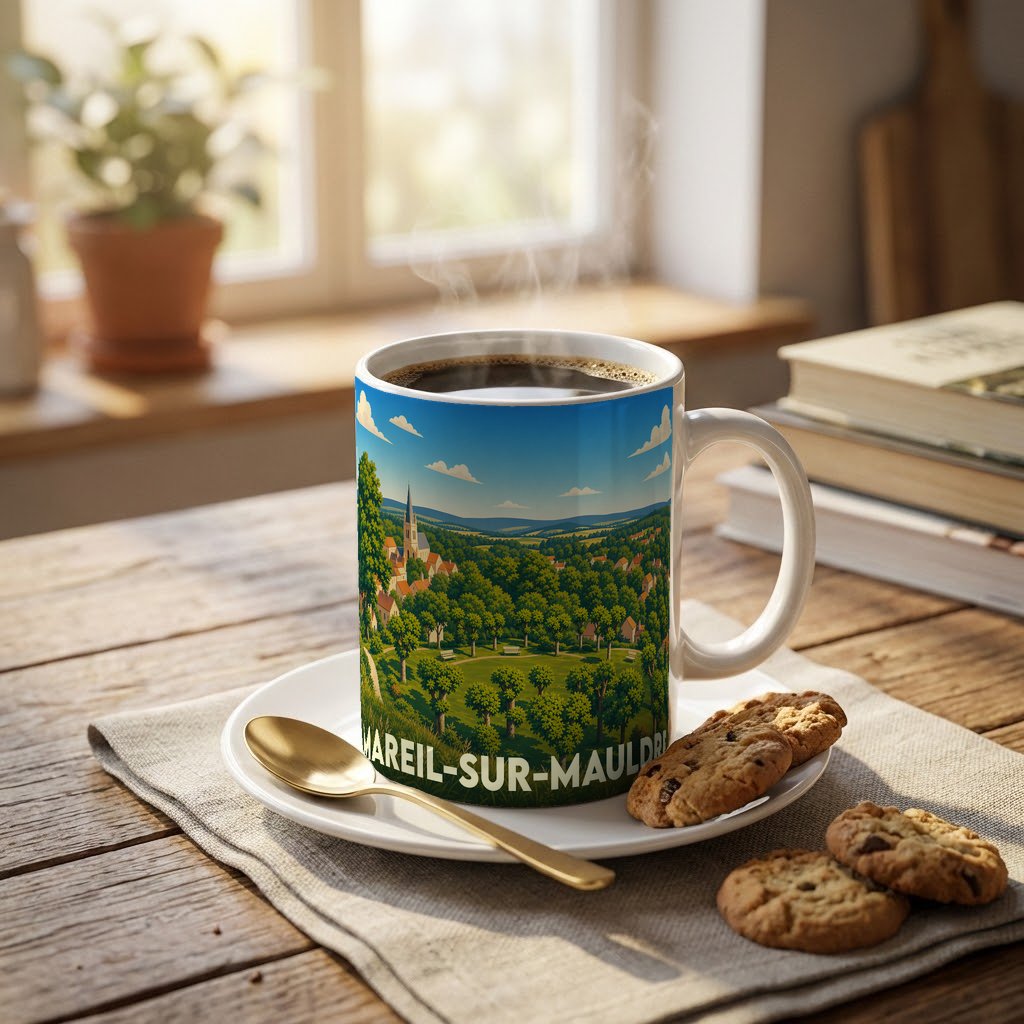 Mug souvenir de la ville de Mareil-sur-Mauldre orné d'une illustration paysagère stylisée.