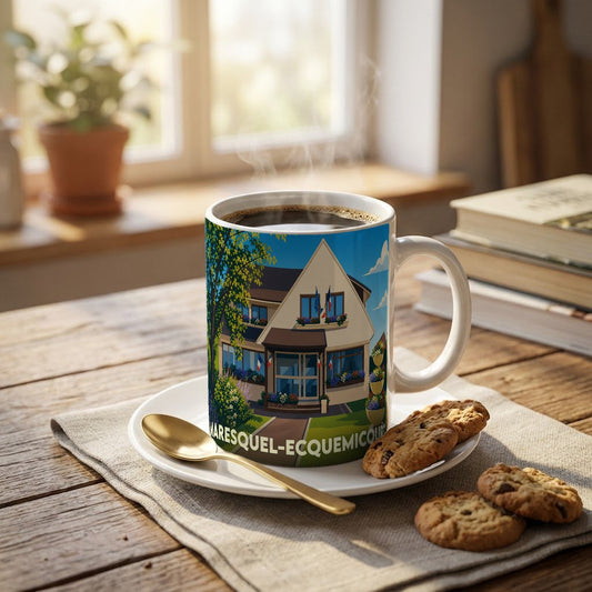 Mug souvenir de la ville de Maresquel-Ecquemicourt avec une illustration colorée de la mairie.