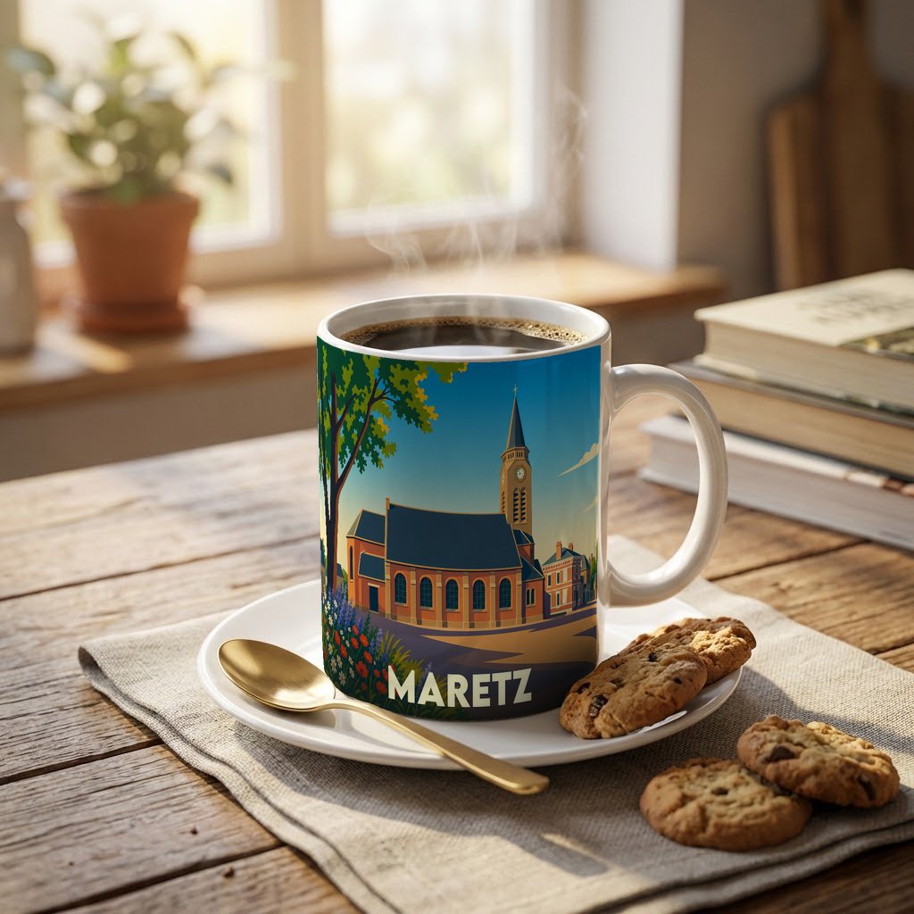 Mug souvenir de la ville de Maretz orné d'une illustration stylisée de son église.