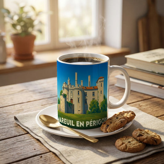 Mug souvenir de la ville de Mareuil en Périgord avec une illustration stylisée de son château.
