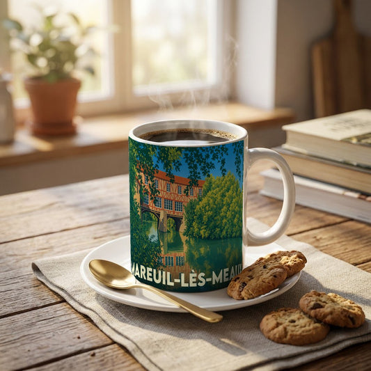 Mug souvenir de la ville de Mareuil-lès-Meaux avec une illustration colorée représentant un moulin au bord de l'eau.