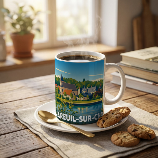 Mug souvenir de la ville de Mareuil-sur-Cher avec une illustration stylisée du village en bordure de rivière.