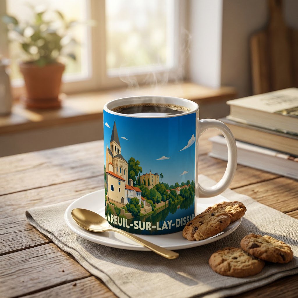 Mug souvenir de la ville de Mareuil-sur-Lay-Dissais avec une illustration stylisée.