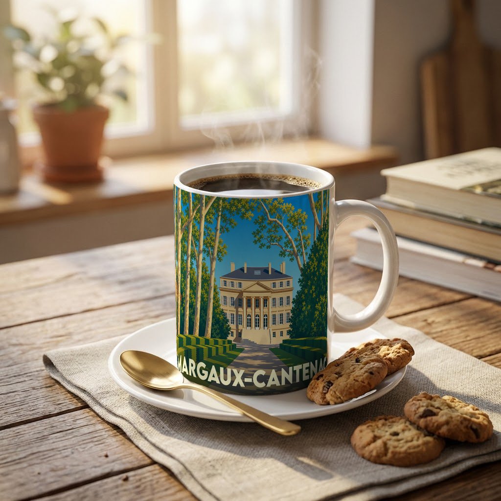 Mug souvenir de la ville de Margaux-Cantenac avec une illustration stylisée d'un château viticole.