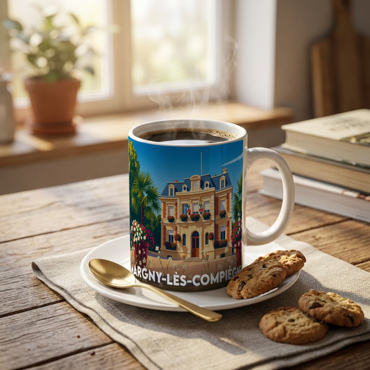Mug souvenir de la ville de Margny-lès-Compiègne orné d'une illustration stylisée de son hôtel de ville.