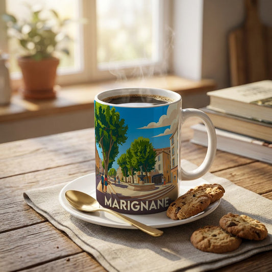 Mug souvenir de la ville de Marignane avec une illustration stylisée.