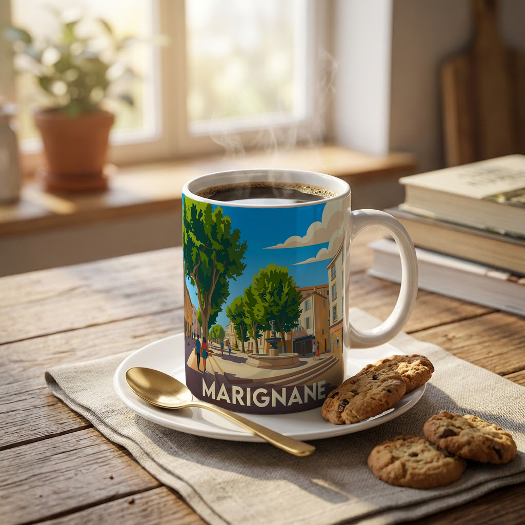 Mug souvenir de la ville de Marignane avec une illustration stylisée.