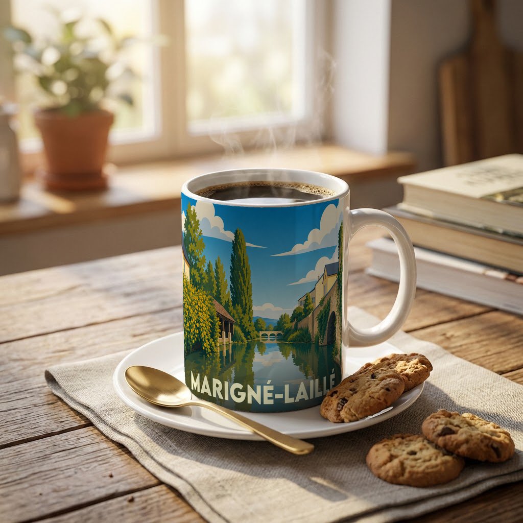 Mug souvenir de la ville de Marigné-Laillé avec une illustration stylisée d'un paysage fluvial.