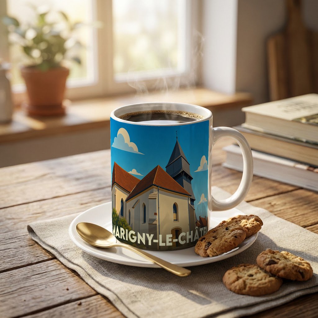 Mug souvenir de la ville de Marigny-le-Châtel avec une illustration stylisée d'une église sous un ciel bleu.