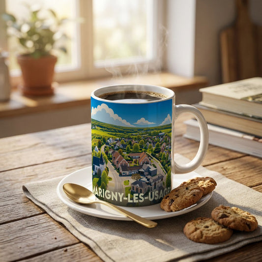 Mug souvenir de la ville de Marigny-les-Usages avec une illustration stylisée d'un paysage urbain verdoyant.