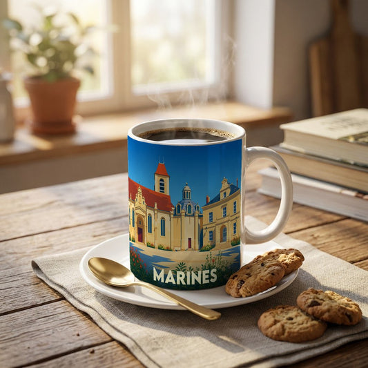 Mug souvenir de la ville de Marines orné d'une illustration stylisée de son patrimoine architectural.
