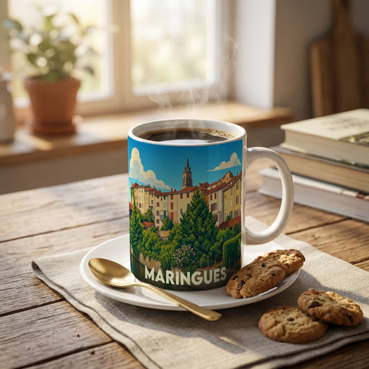 Mug souvenir de la ville de Maringues avec une illustration stylisée et colorée du paysage urbain.